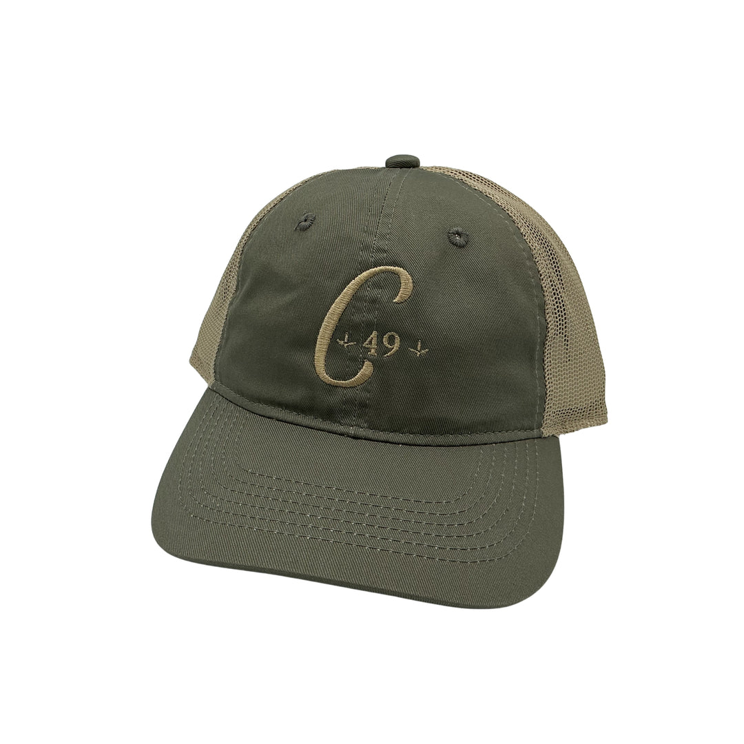 Olive and khaki C-49 mesh back hat with Chasing 49 logo