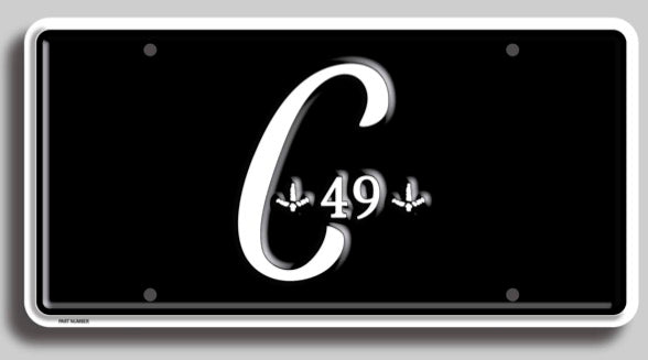 C49 black metal license plate with Chasing 49 turkey hunting logo