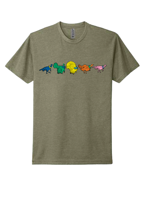 Light olive chasing 49 Dancing Turkey T-Shirt with colorful dancing turkey graphic