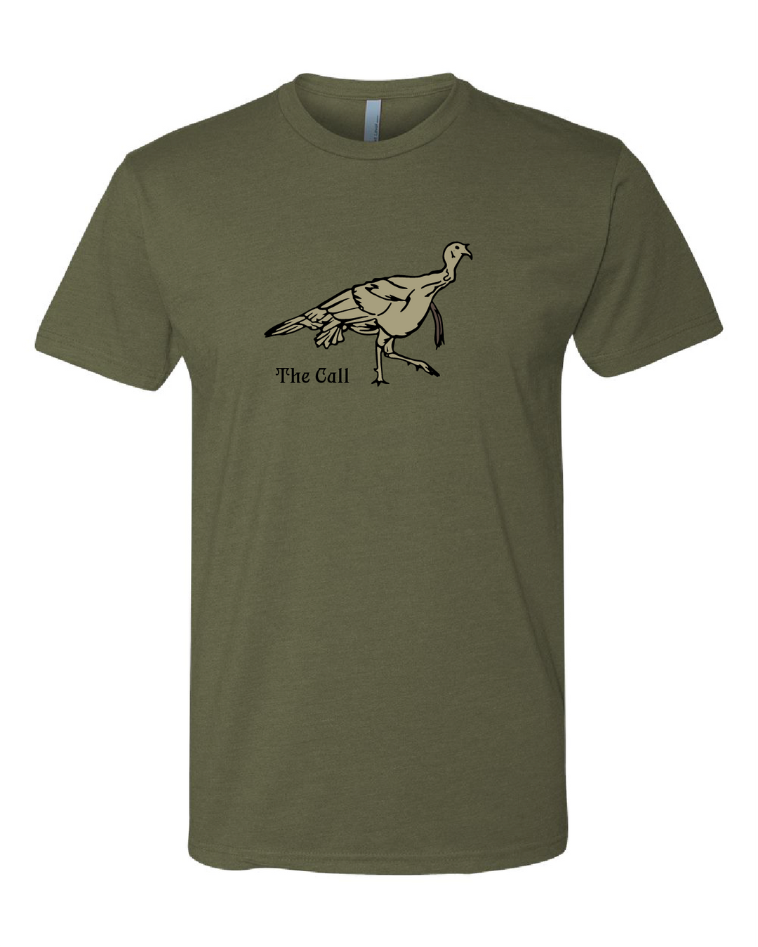 The Call olive green turkey hunting T-shirt with vintage cartoon turkey graphic